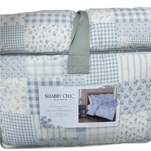 Shabby Chic Cotton Percale Blue and White 3 Piece Comforter Set 106”x90”